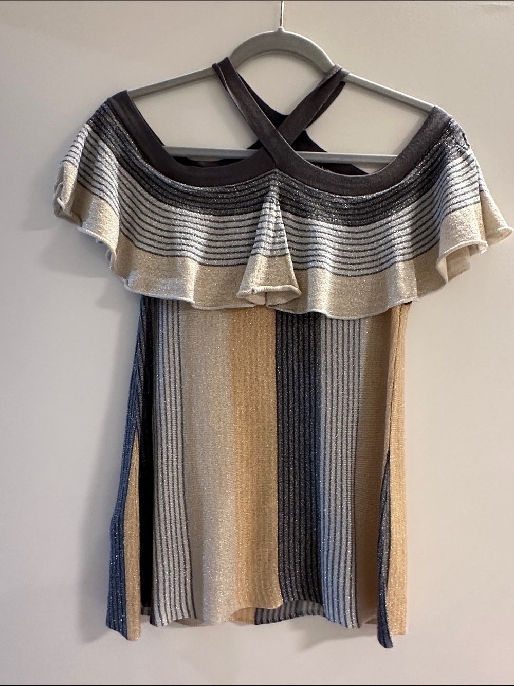 Parker Metallic Striped Off-Shoulder Ruffle Sweater - Gold, Navy, Gray